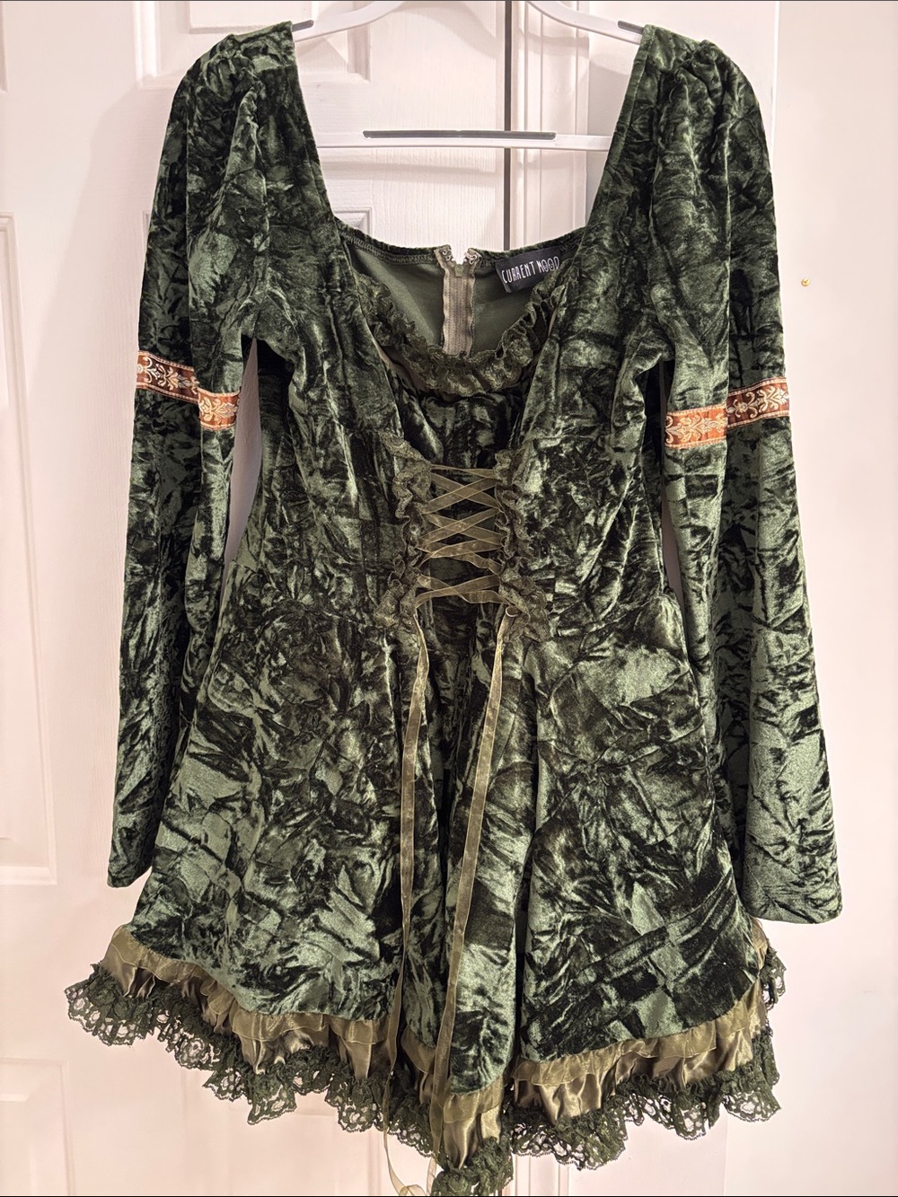 Dolls Kill Current Mood Olive Green Velvet Lace-Up Mini Dress